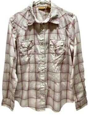 Wrangler‎ Pearl Snap Shirt Women's Large Exclusive Pink Plaid Western Snaps Top